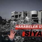 Uluslararası siyaset ve savaş gündemini ele alan, sol üstte Donald Trump ve sol altta Binyamin Netanyahu'nun yer aldığı, arka planda bombalanmış bina enkazı ve ön planda "Harabeler Üstünde Siyaset" yazısı bulunan haber kapak görseli.