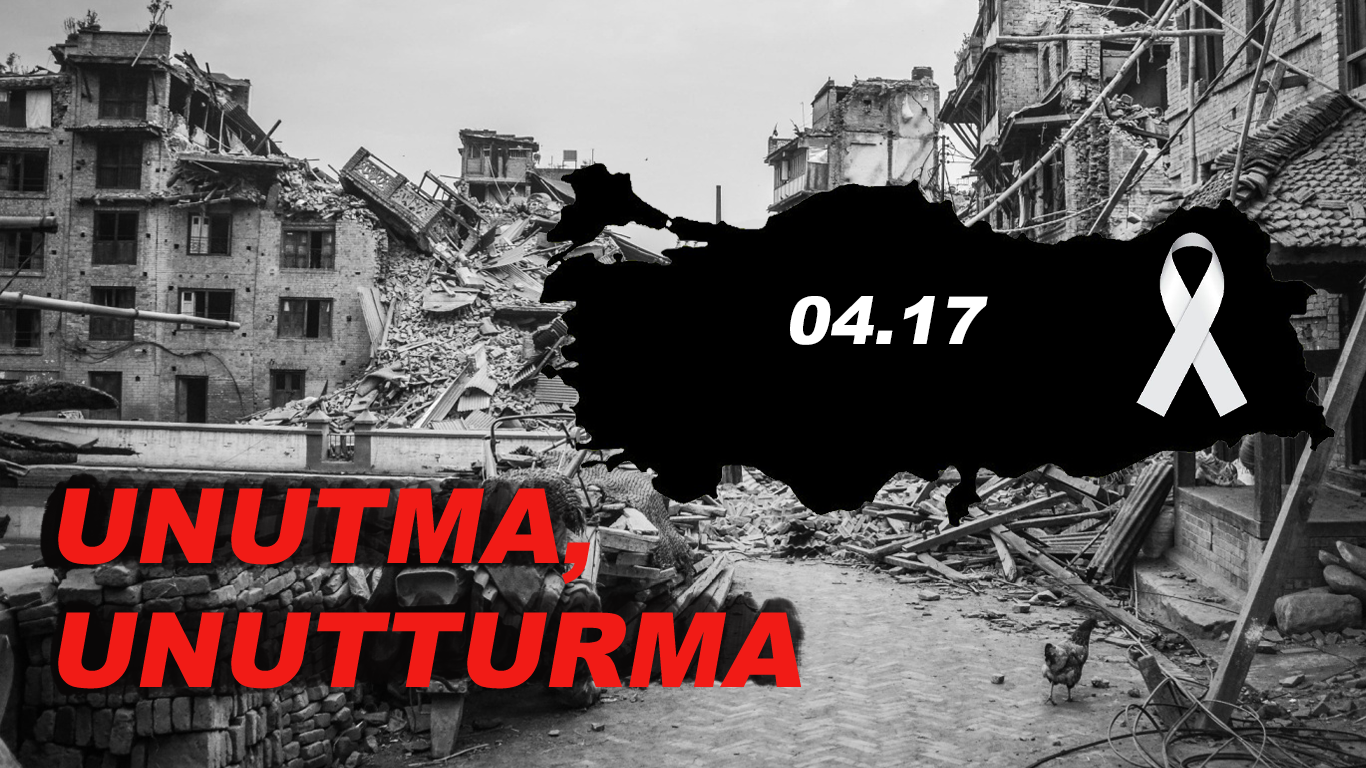 6 Şubat Kahramanmaraş depremleri anısına hazırlanmış, arka planda enkaz görüntüsü, siyah Türkiye haritası üzerinde saat 04.17, matem şeriti ve kırmızı renkli "Unutma, Unutturma" yazısı içeren görsel.